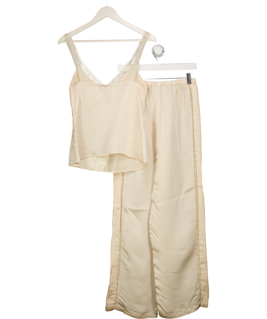 ZARA 2-piece Cream Satin Embroidered Top & Trousers Set With Lace Details UK S/M
