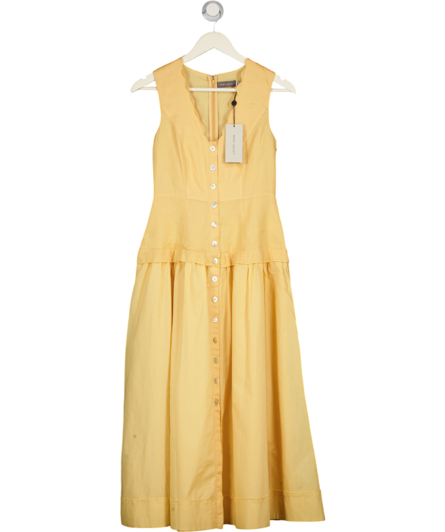 MINT VELVET Yellow Ramie Drop Waist Midi Dress With Scalloped Neckline UK 6