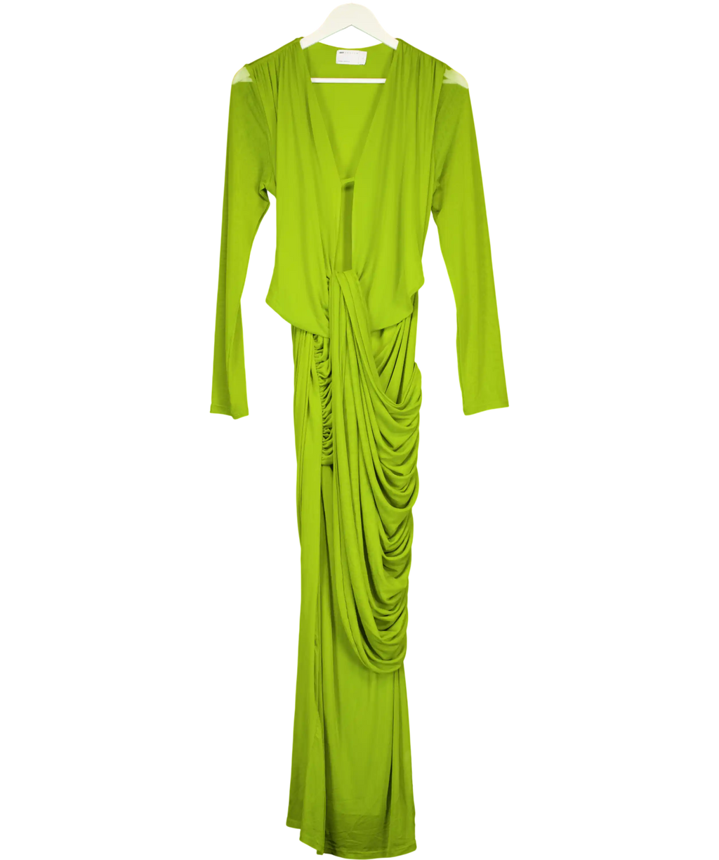 ASOS Green Mesh Deep Plunge Neck Long Sleeve Midi Dress With Draping UK L