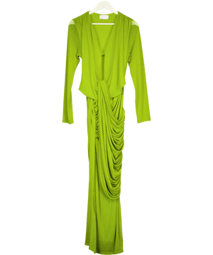ASOS Green Mesh Deep Plunge Neck Long Sleeve Midi Dress With Draping UK L