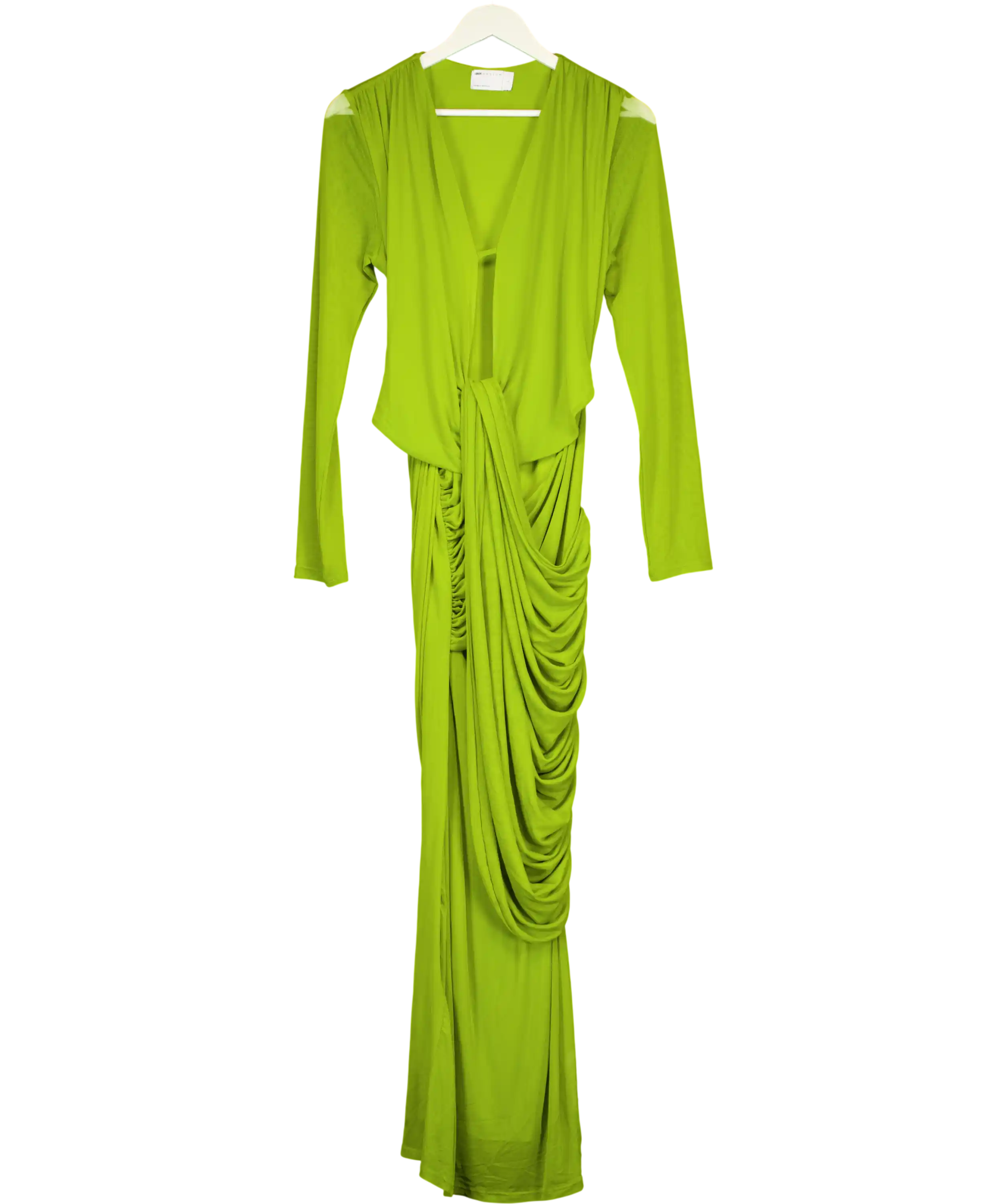 ASOS Green Mesh Deep Plunge Neck Long Sleeve Midi Dress With Draping UK L