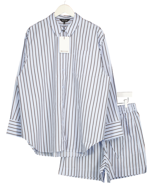 WHISTLES 2-piece Blue Stripe Blue Cotton Poplin Stripe Oversize Shirt & Shorts Set UK 12