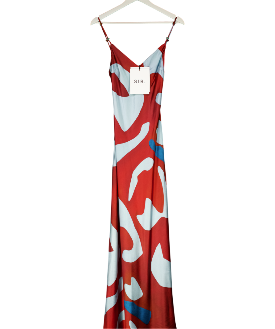SIR. THE LABEL Blue / Red Frankie Beaded Strap Printed Silk Slip Dress Sz1 UK 6