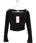 OH POLLY Sheer Lace Plunge-neck Long-sleeve Top In Black UK 8