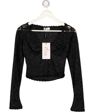 OH POLLY Sheer Lace Plunge-neck Long-sleeve Top In Black UK 8