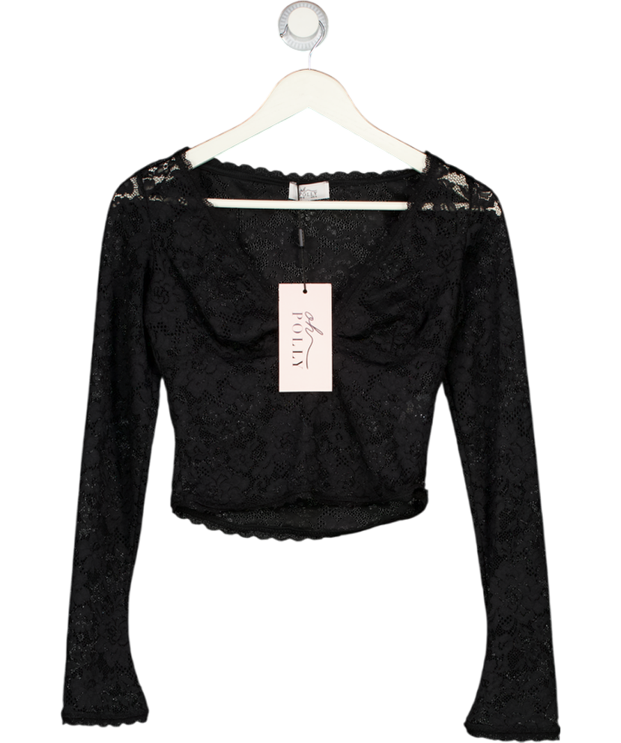 OH POLLY Sheer Lace Plunge-neck Long-sleeve Top In Black UK 8