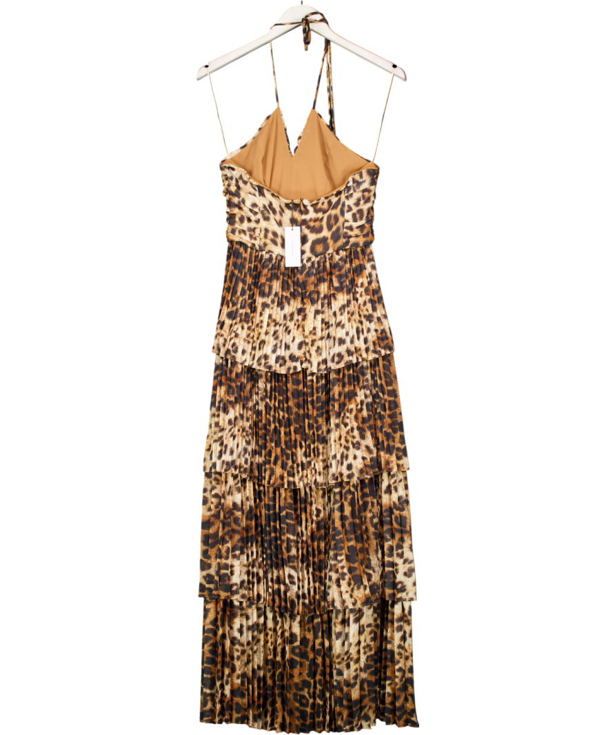 Karen Millen Brown Animal Georgette Crinkle Tiered Halterneck Midi Dress UK 6