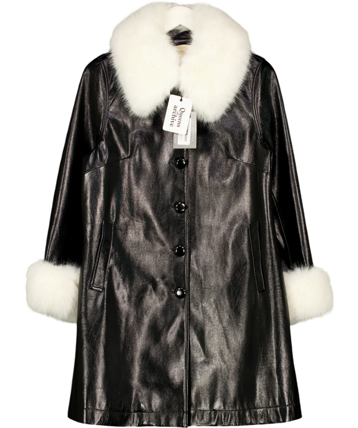 QUEEN OF ARCHIVE Ltd.edition Black Paten Fur Trim Stella Coat UK M