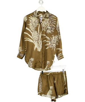 AGUACLARA 2-piece Olive Green Cotton / Silk Blend Botanical Print Shirt (uk S) And Shorts (uk M)  Set UK S/M