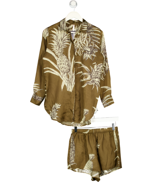 AGUACLARA 2-piece Olive Green Cotton / Silk Blend Botanical Print Shirt (uk S) And Shorts (uk M)  Set UK S/M