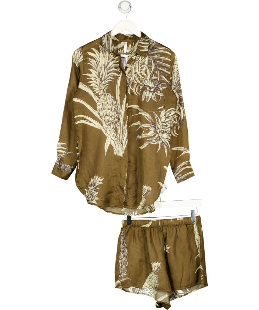 AGUACLARA 2-piece Olive Green Cotton / Silk Blend Botanical Print Shirt (uk S) And Shorts (uk M)  Set UK S/M