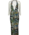 OUTCAST Grey Print Plunge Chain Front Dress UK XS