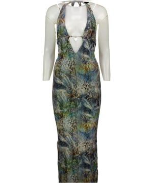 OUTCAST Grey Print Plunge Chain Front Dress UK XS
