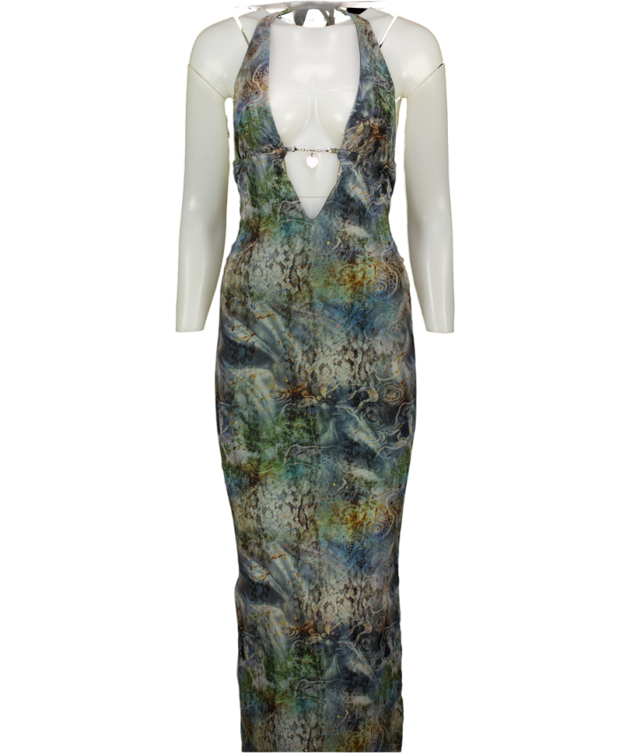 OUTCAST Grey Print Plunge Chain Front Dress UK XS