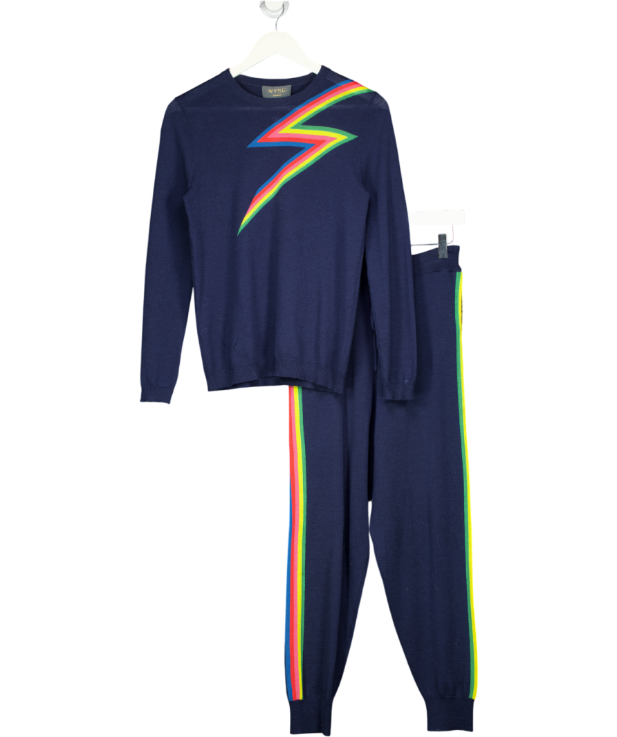 WYSE LONDON 2-piece Navy Blue Rainbow Lightning Fine Merino Knit Lounge Set UK 8