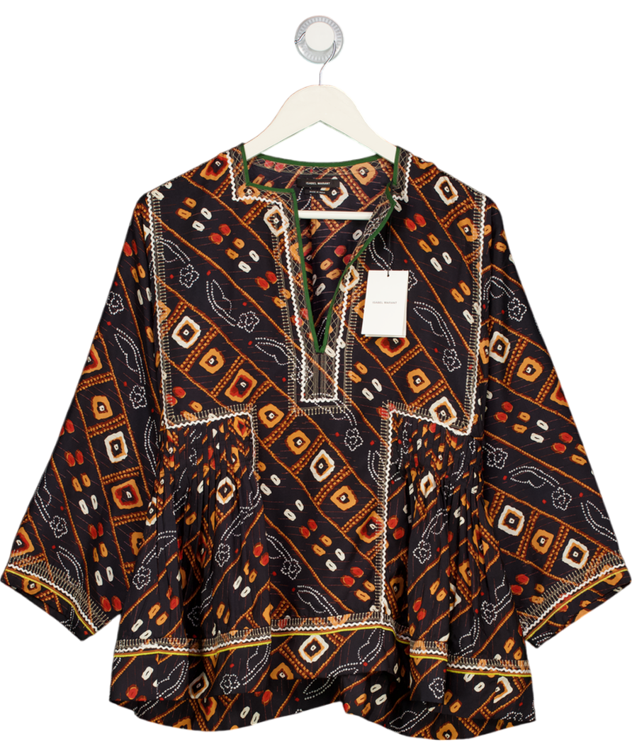 ISABEL MARANT Black 100% Silk Printed Notch Neck Top Fr40 UK 12
