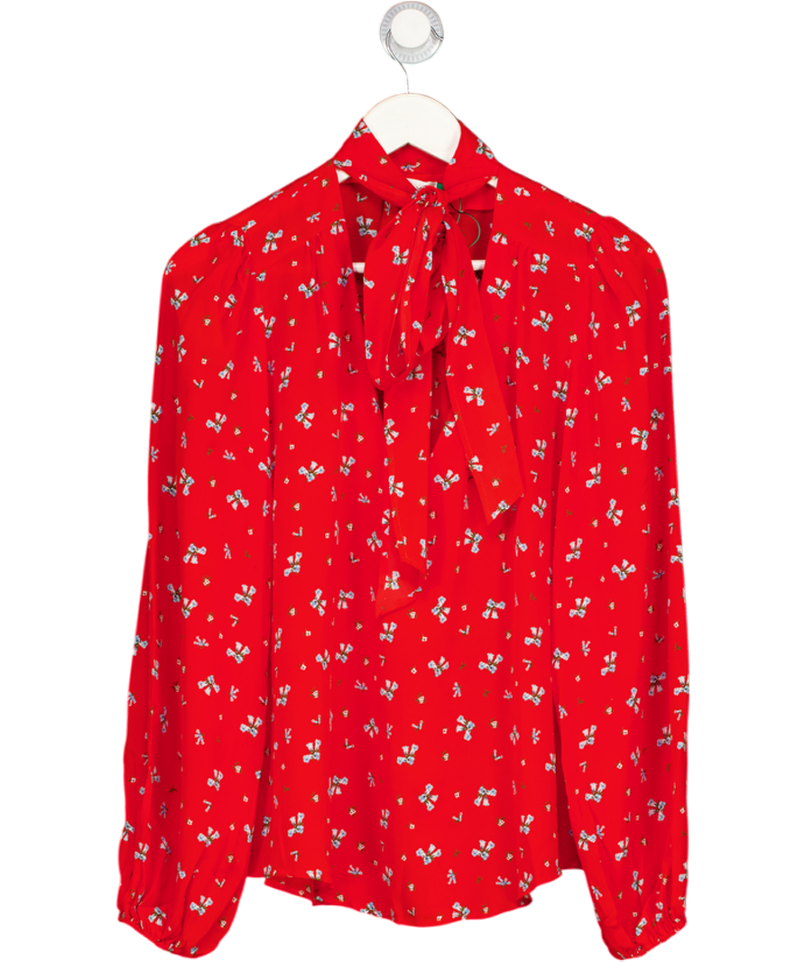 RIXO Red Moss Floral Silk Tie Neck Blouse UK L