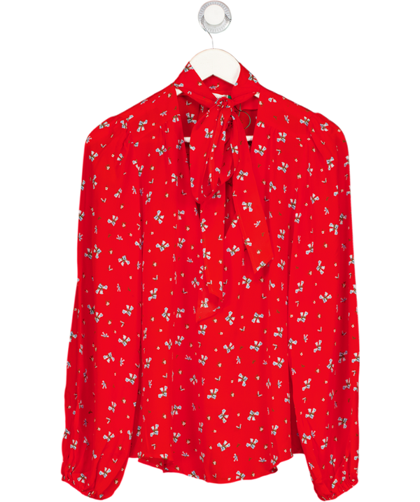 RIXO Red Moss Floral Silk Tie Neck Blouse UK L