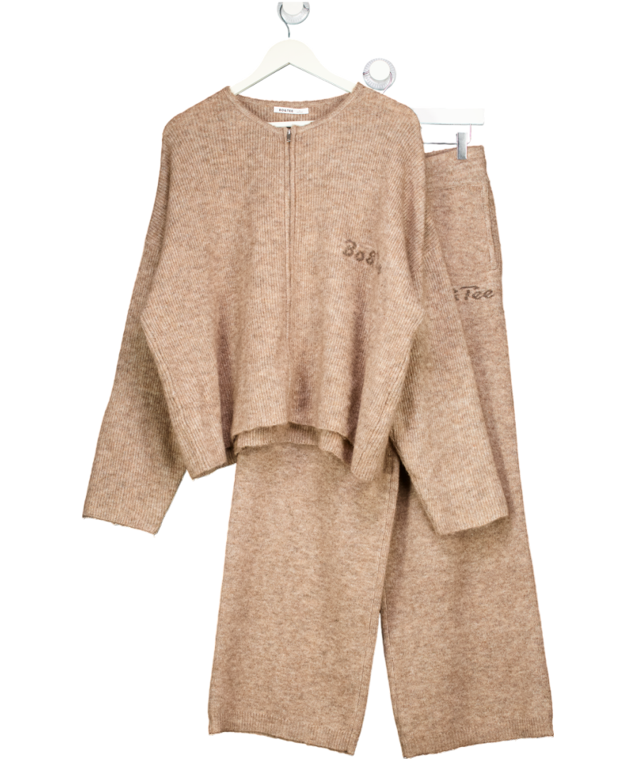 Bo + Tee 2-piece Logo Oversized Zip-up Cardigan & Wide Leg Joggers In Brown Marl UK S