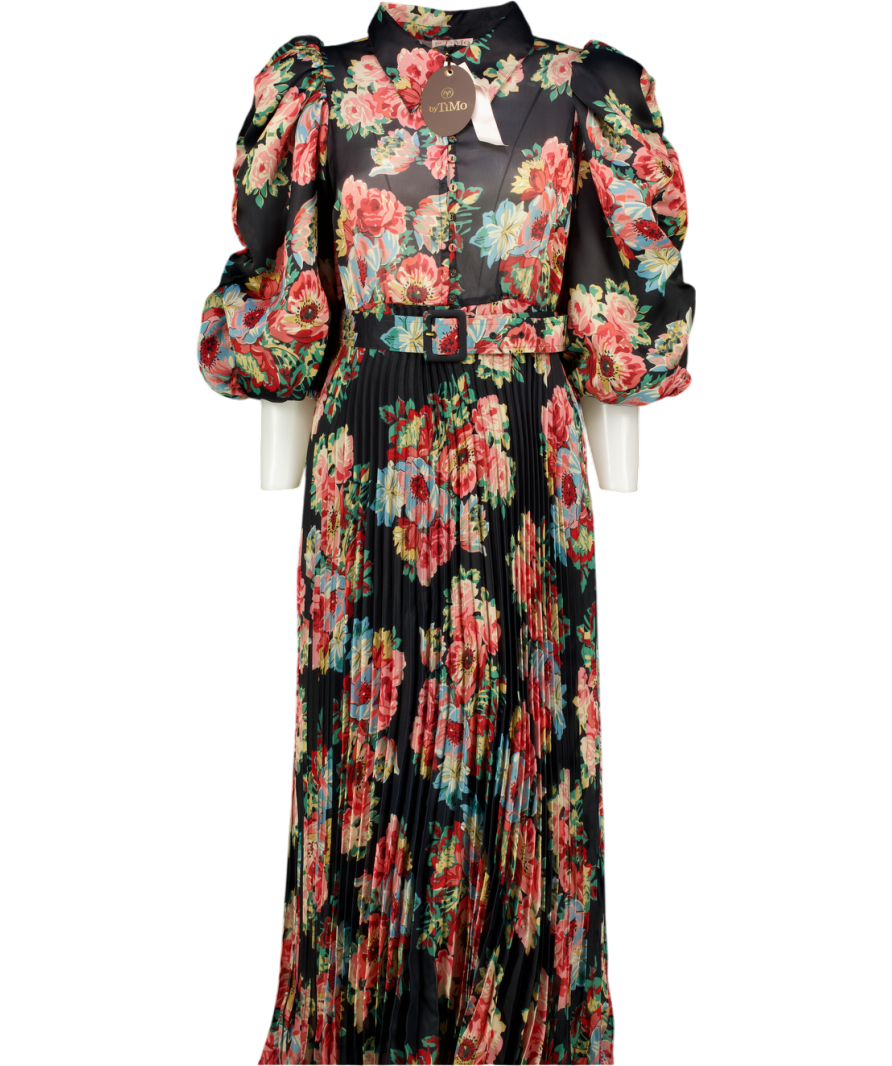 ByTIMO Black Dark Blossom Loral Print Puff Sleeve Midi Dress UK M