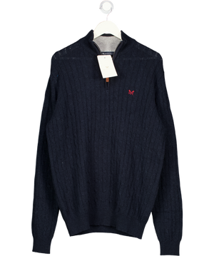 CREW Blue 1/4 Zip Lambs Wool Cable Knit Jumper UK XL