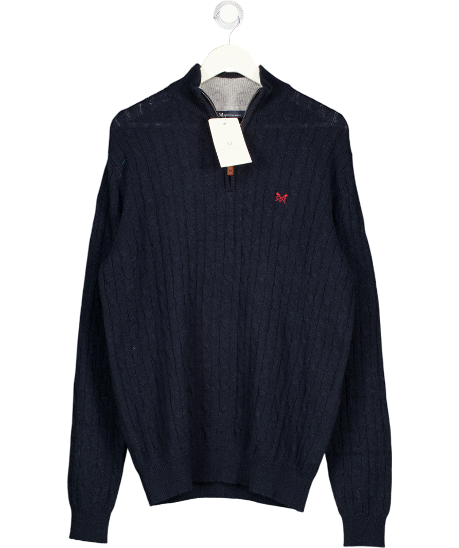 CREW Blue 1/4 Zip Lambs Wool Cable Knit Jumper UK XL