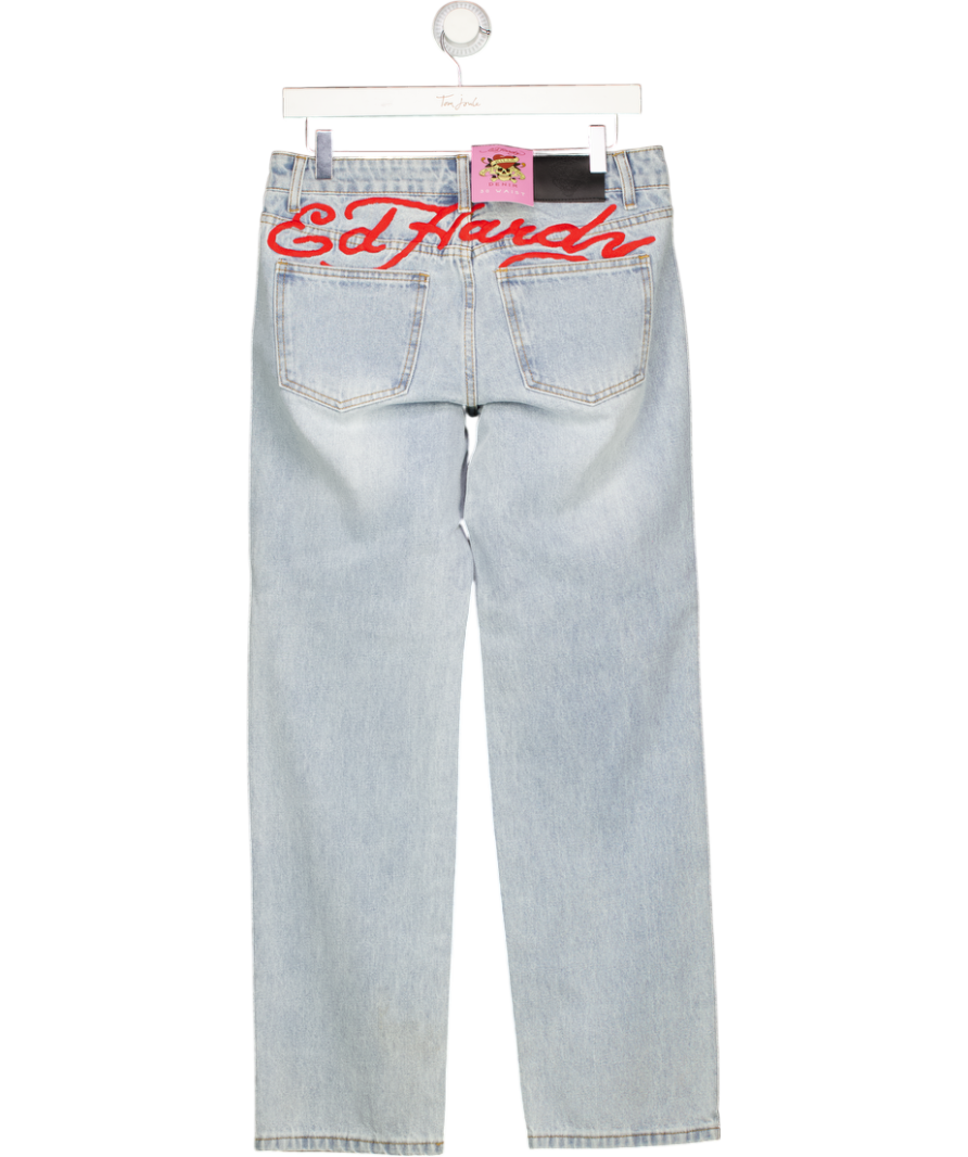 ED HARDY Blue True Death Diamante Straight Denim Trousers Jeans - Bleach W30