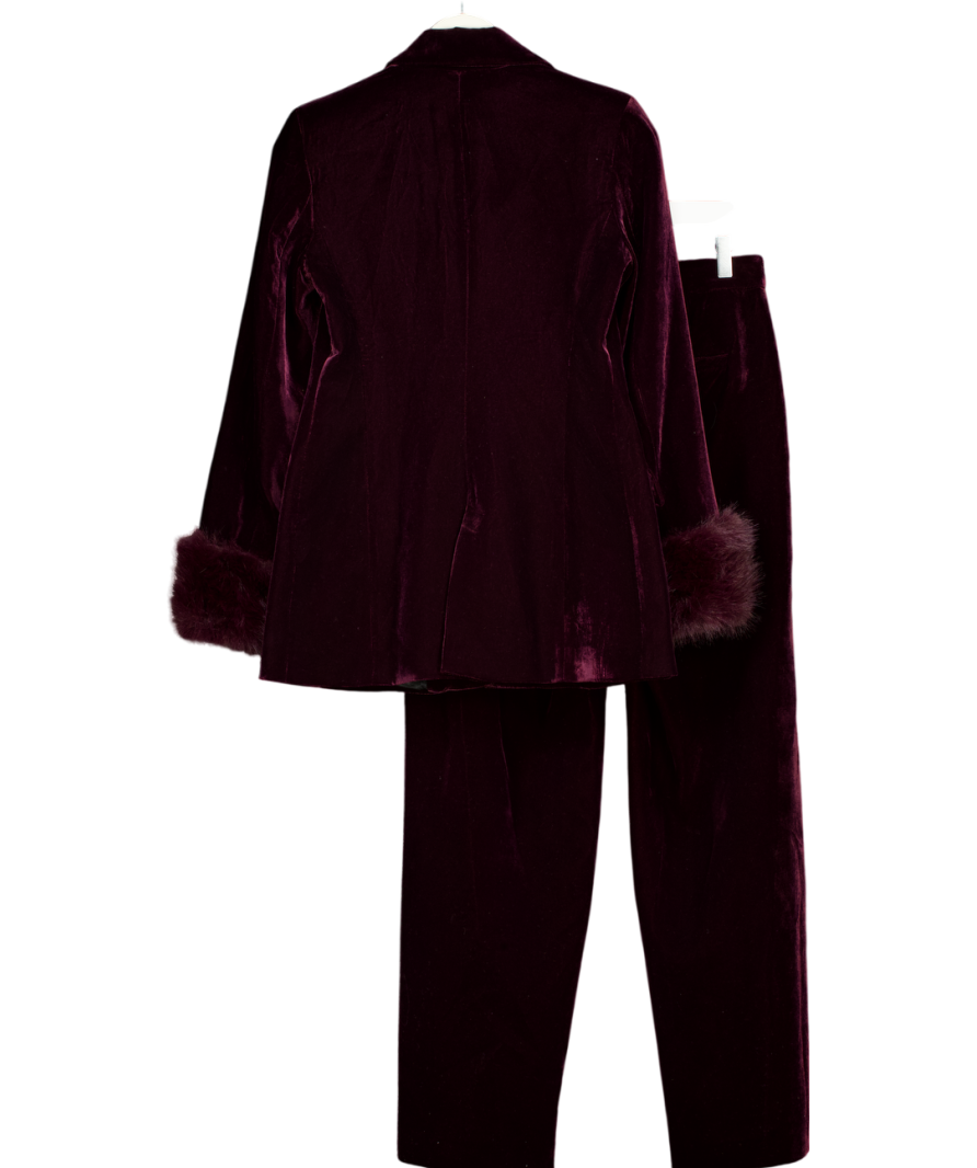 ZARA 2-piece Velvet Blazer With Faux Fur Cuffs (uk Xs) And Wide Leg Trouser (uk S) Suit In Burgundy Red UK XS/S