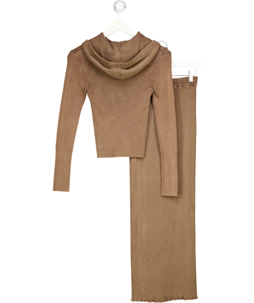 Stradivarius Brown Ribbed Knit Hoodie (m) And Midi Skirt (s) Set UK S/M