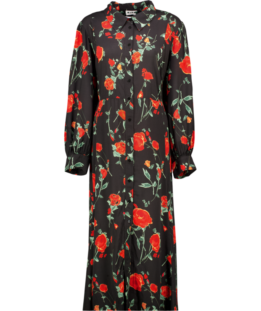 RIXO Black Back Rose Print Maddison Midi Dress UK 22