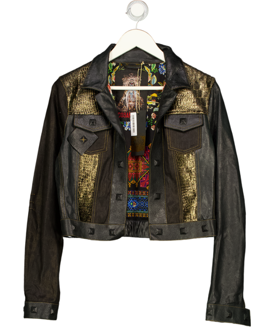 COSA NOSTRA Black Real Leather Gold Dust  Studded Decorated Jacket UK 8