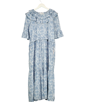 MINKIE X PERCY LANGLEY Blue Floral Frill Detail Dress UK S/M