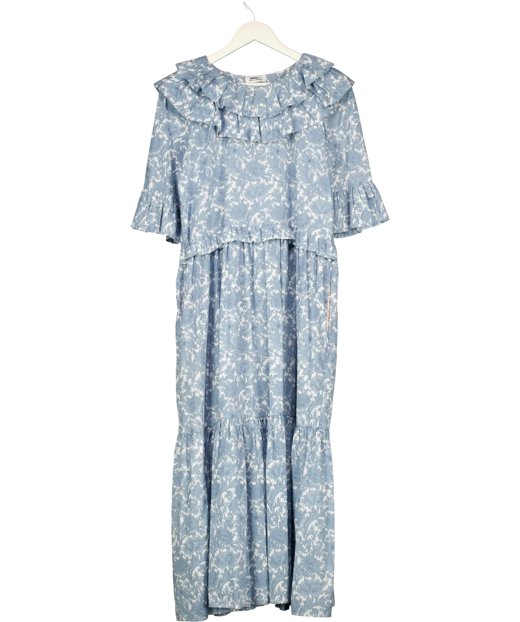 MINKIE X PERCY LANGLEY Blue Floral Frill Detail Dress UK S/M