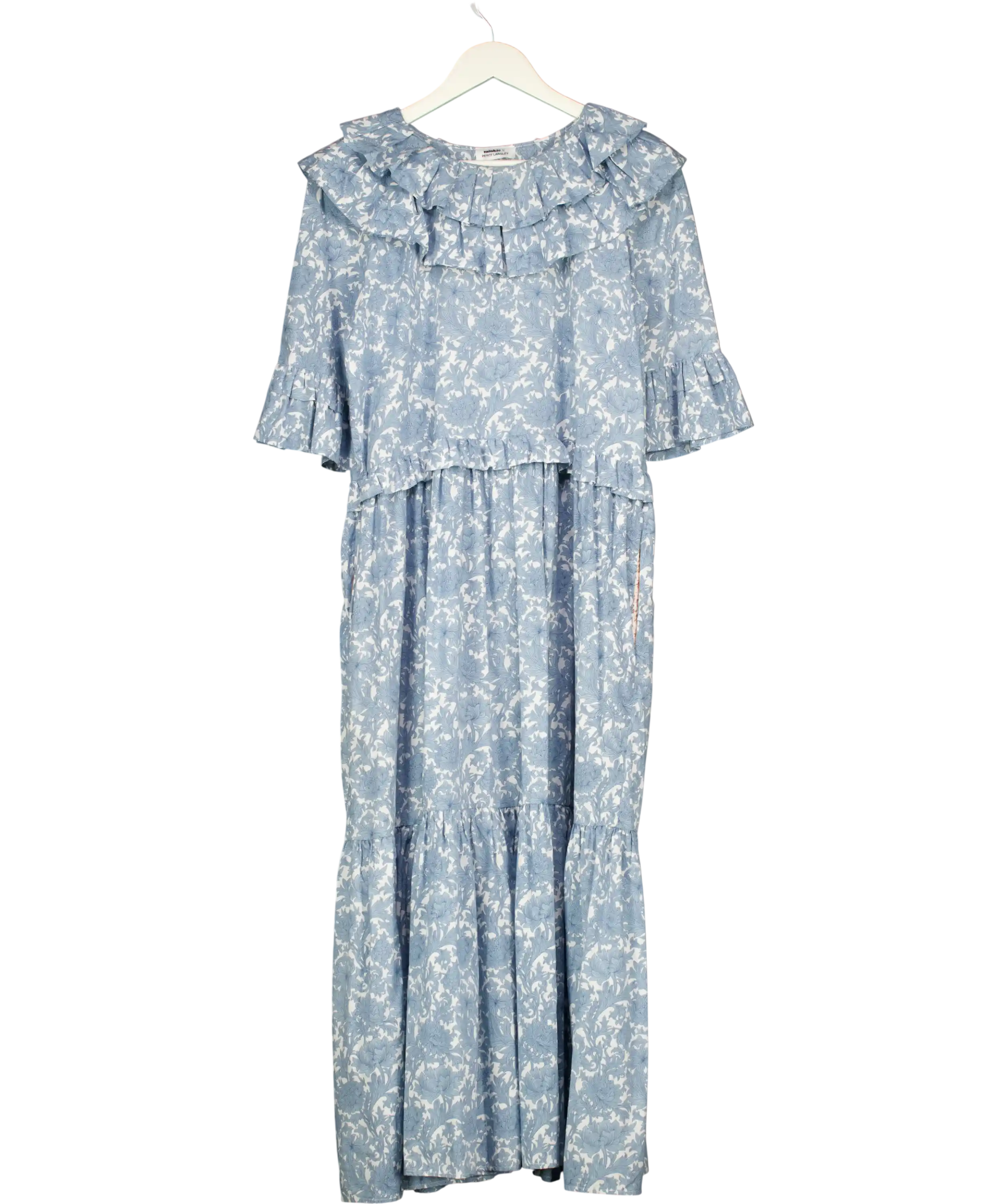 MINKIE X PERCY LANGLEY Blue Floral Frill Detail Dress UK S/M