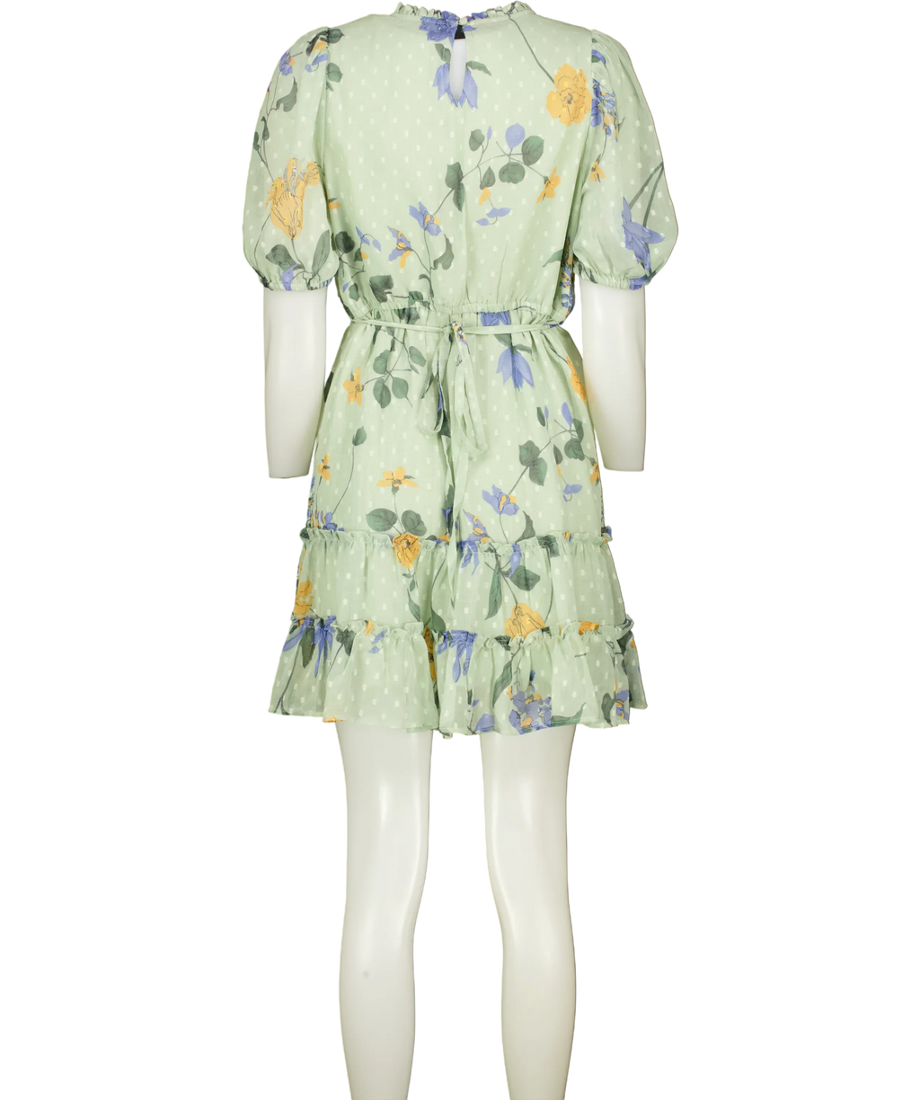 OASIS Sage Green Floral Frill Hem Mini Dress UK 14 PETITE