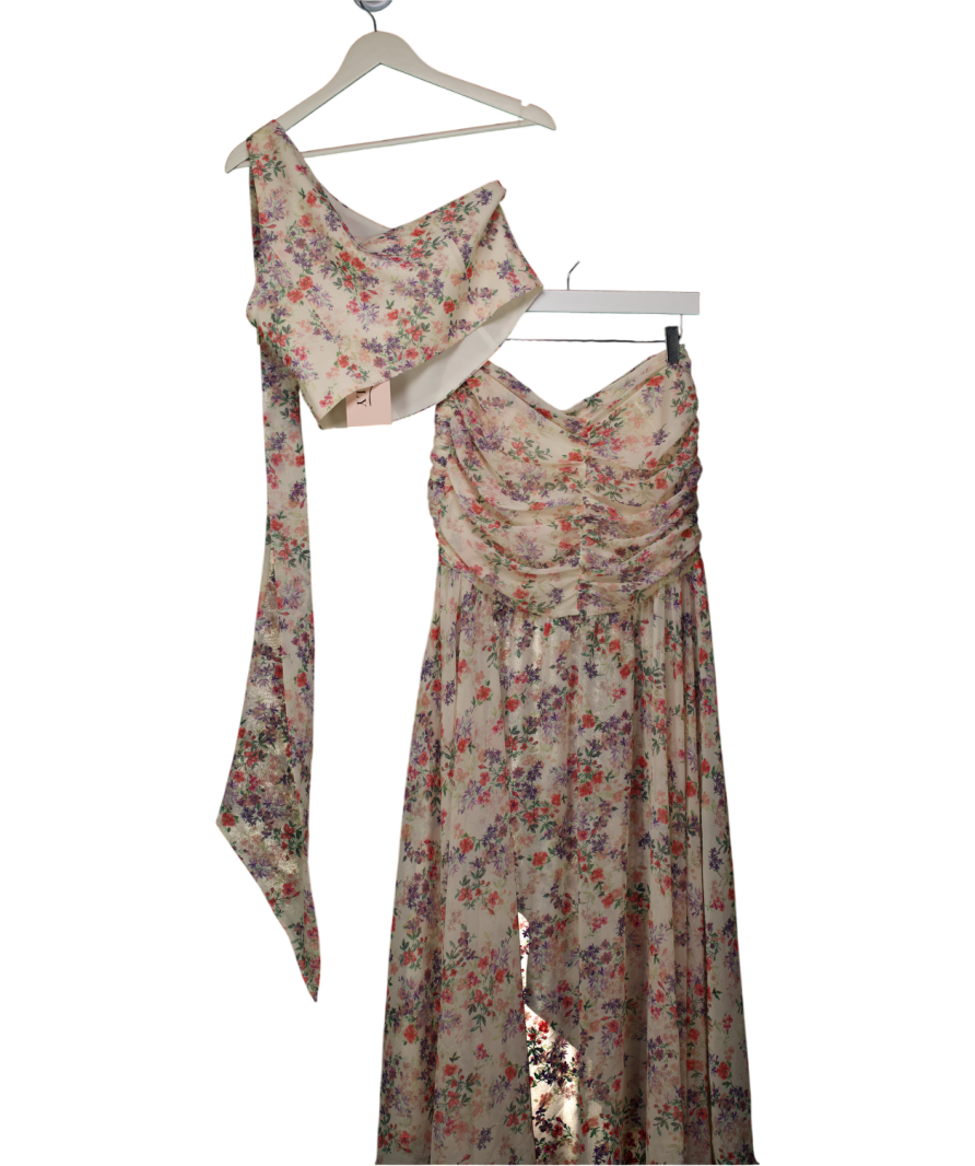 Oh Polly Pink Scarf-detail One-shoulder Top And Skirt Set In Primrose Floral Print UK 10
