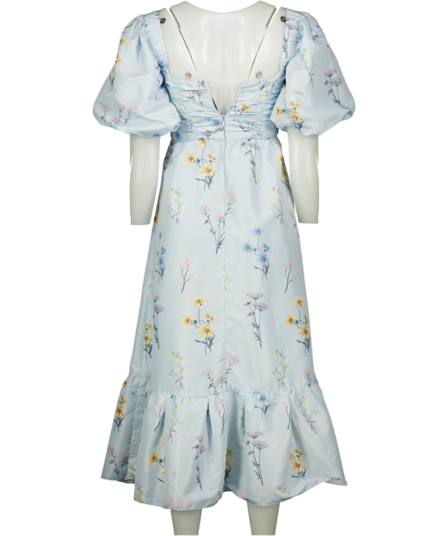 SELF PORTRAIT Blue Floral Watercolour Puff Sleeve Square Neck Taffeta Midi Dress UK 14