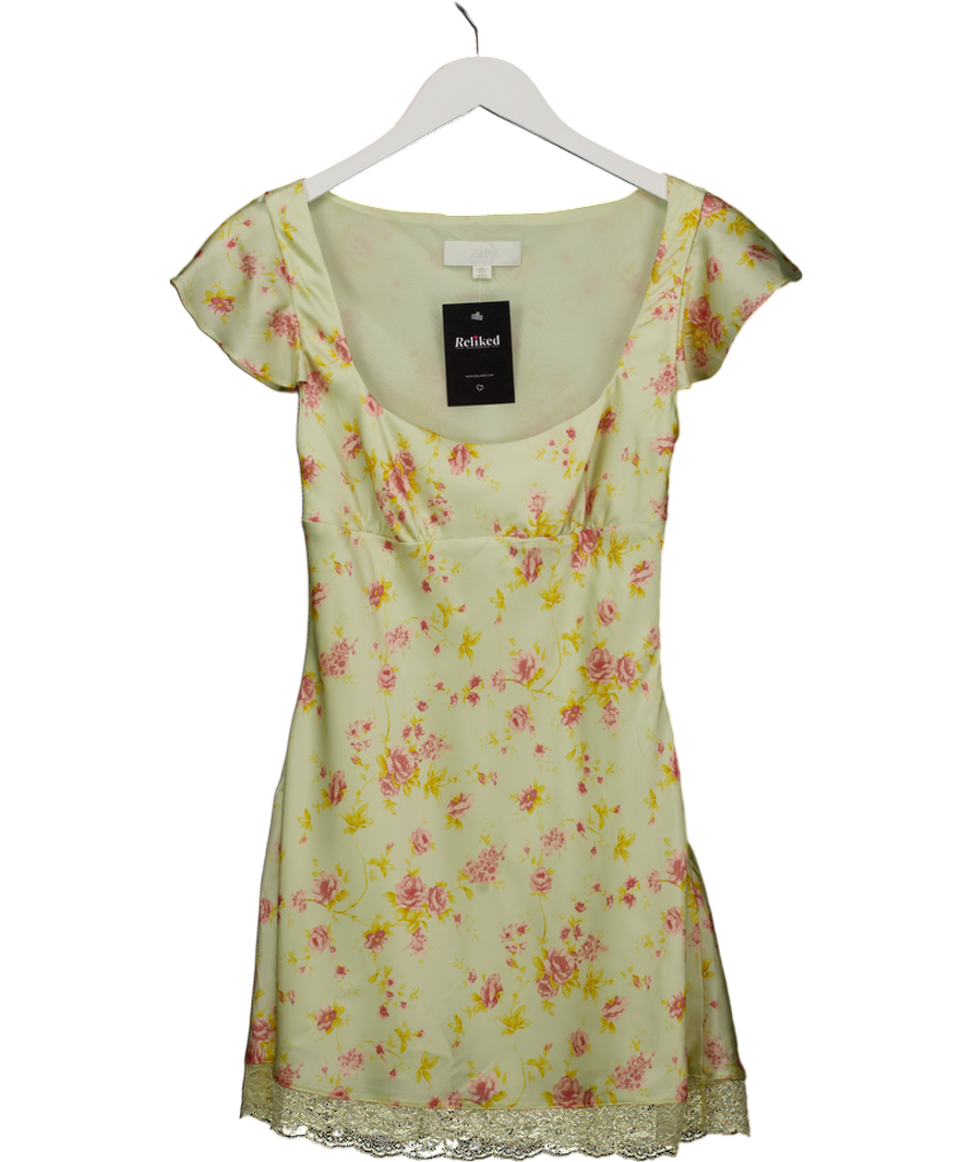 ZARA Yellow Floral Satin Mini Dress UK XS