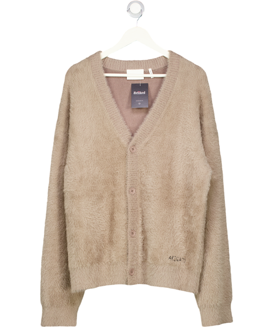 AXEL ARIGATO Beige Super Soft Relaxed Fuzzy Knit Embroidered Logo Cardigan UK M