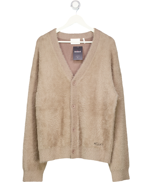 AXEL ARIGATO Beige Super Soft Relaxed Fuzzy Knit Embroidered Logo Cardigan UK M