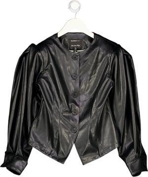 RIVER ISLAND Black Faux Leather Collarless Fitted Shirt UK 6