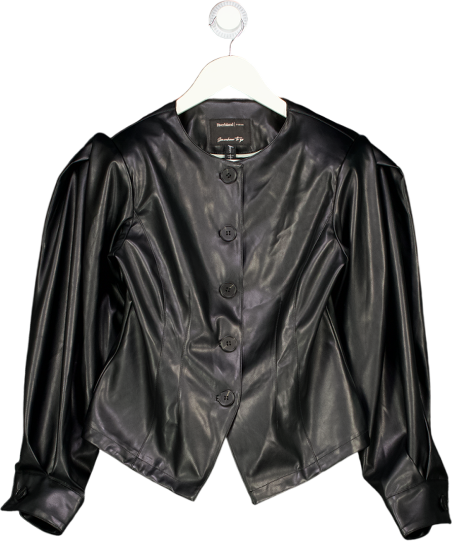 RIVER ISLAND Black Faux Leather Collarless Fitted Shirt UK 6