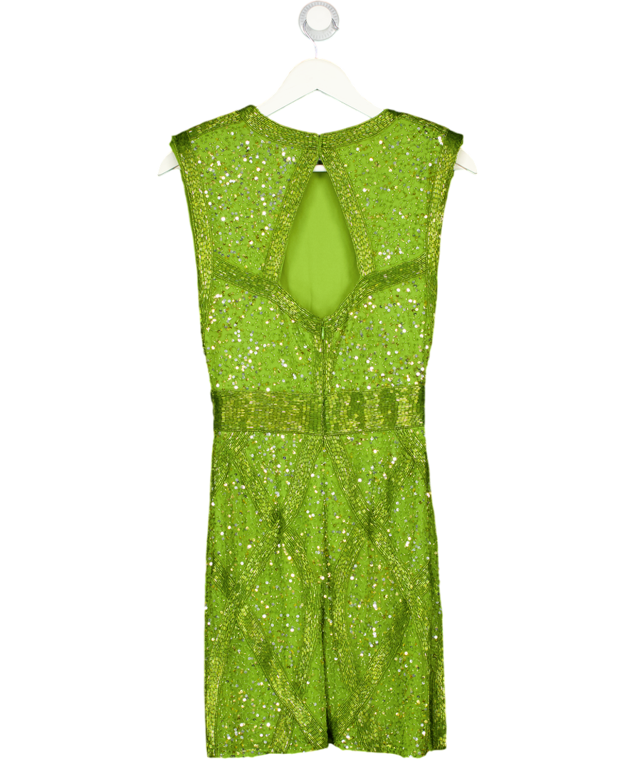 KAREN MILLEN Green Embellished Strong Shoulder Woven Mini Dress UK 6