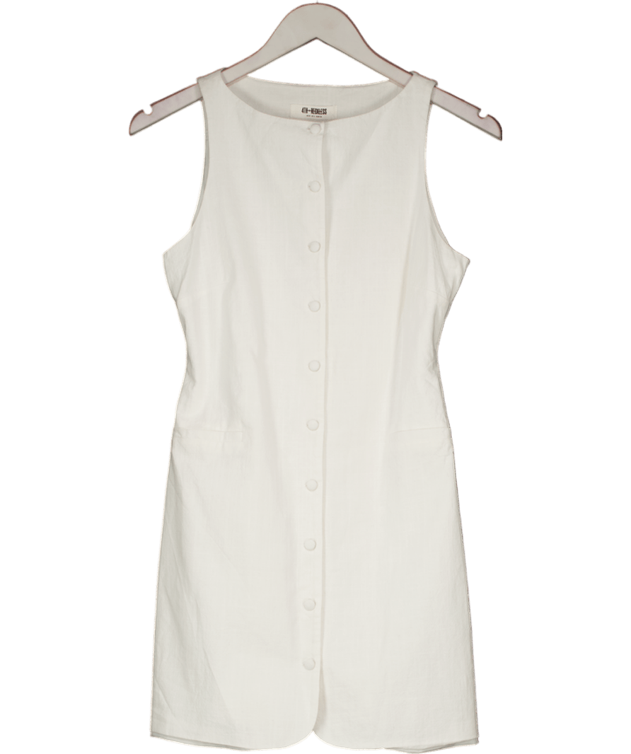 4th & Reckless Linen Look Sleeveless High Neck Button Through Mini Dress In White UK 8 - Reliked