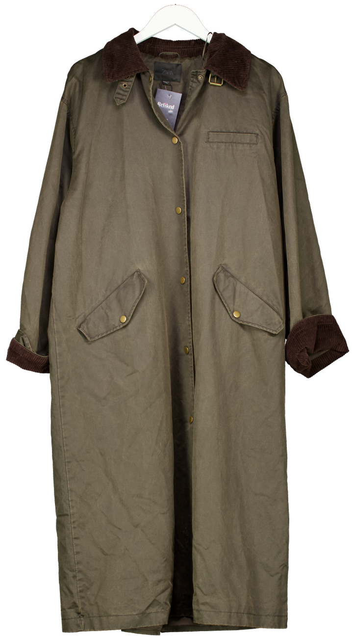 ZARA Grey Waxed Trench Coat With Corduroy Collar UK M/L