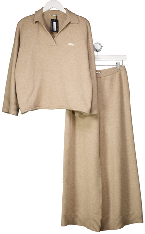 Lounge Underwear Beige V-neck Cotton-wool Blend Jumper And Trouser Set UK S