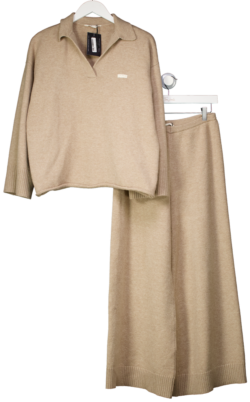 Lounge Underwear Beige V-neck Cotton-wool Blend Jumper And Trouser Set UK S