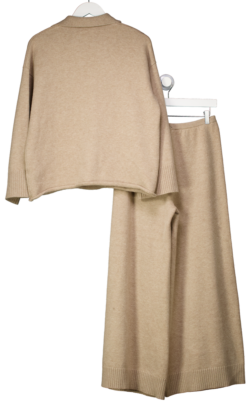 Lounge Underwear Beige V-neck Cotton-wool Blend Jumper And Trouser Set UK S