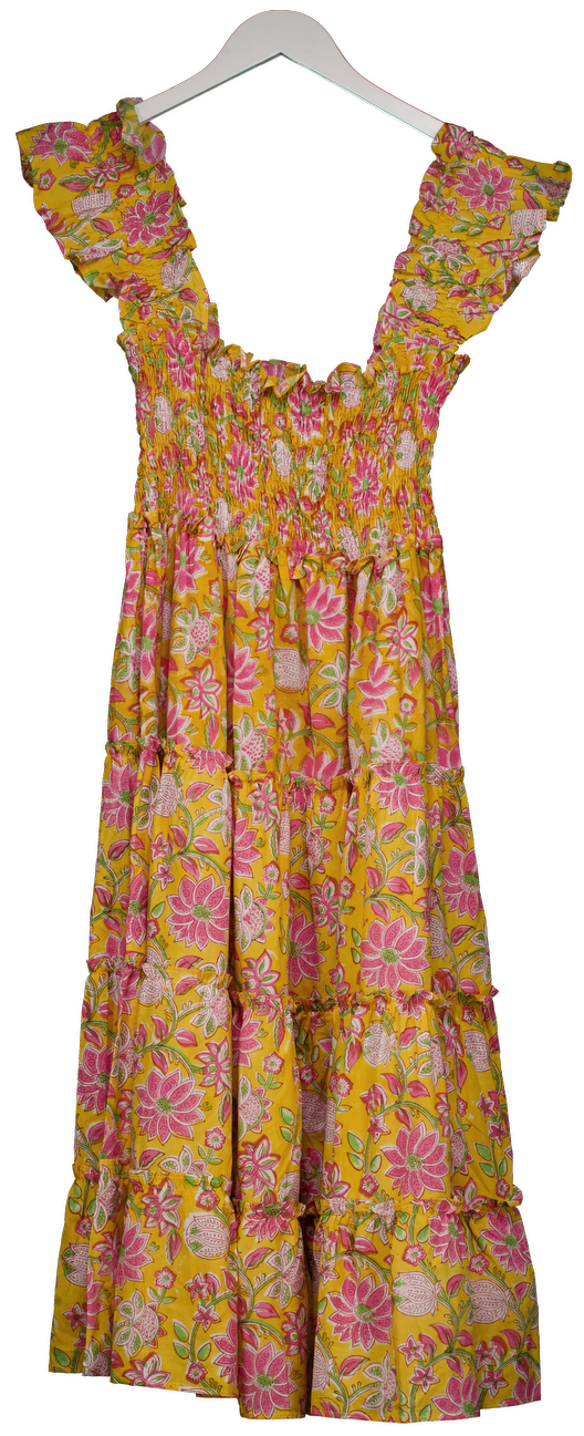 COAST & COUNTRY Yellow Floral 100% Cotton Shirred Midi Dress UK XS/S