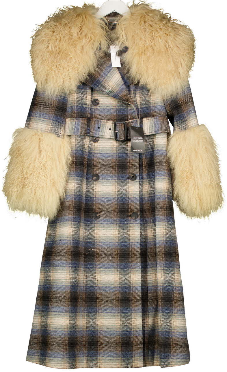 Karen Millen Wool & Cream Shearling Check Tailored Double Breasted Belted Midi Coat UK 6